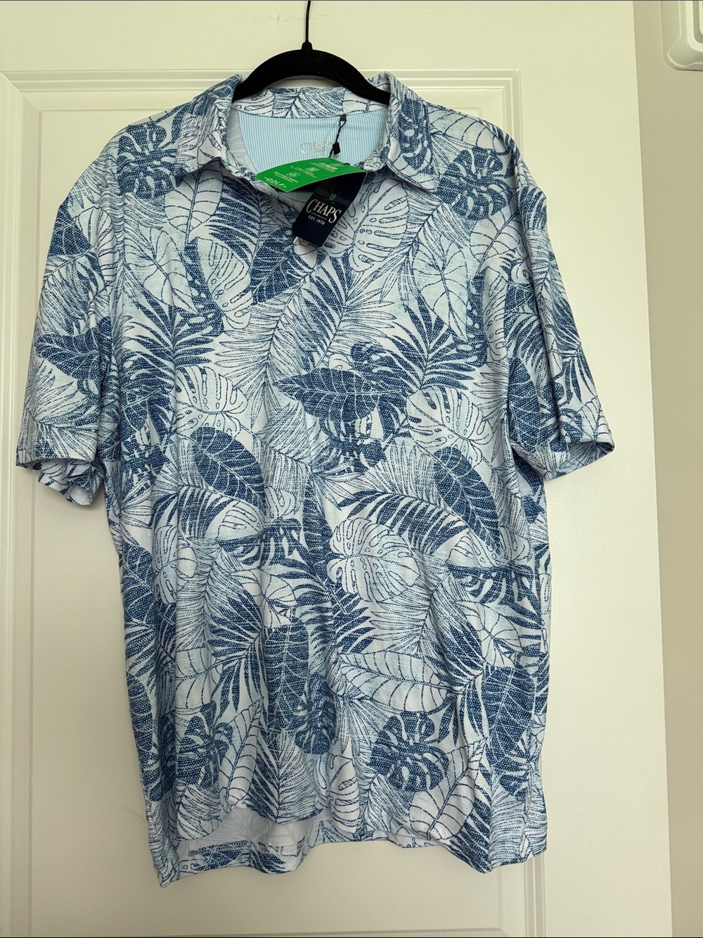 Chaps Men’s Blue and White Tropical Leaf Polo